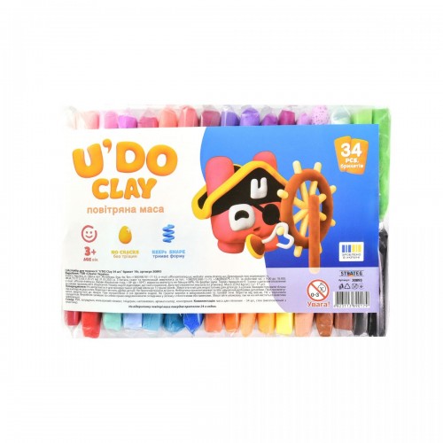 Набір для творчості (повітряний пластилін) "UʼDO Clay" 34 шт, брикет 10 г (укр) (Strateg)