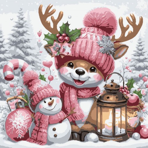 Картина по номерах "Олень і сніговик" 30х30 см (Strateg)