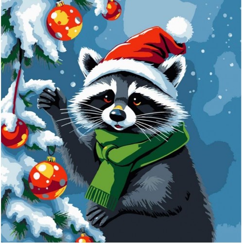 Картина по номерах "Єнот прикрашає ялинку" 30х30 см (Strateg)