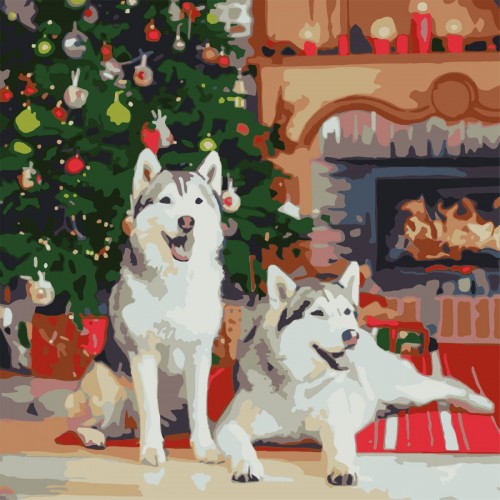 Картина по номерах "Хаскі біля каміну 40х40 см (Strateg)