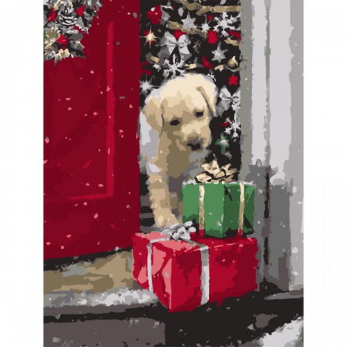 Картина по номерах "Песик із подарунками" 30х40 см (Strateg)