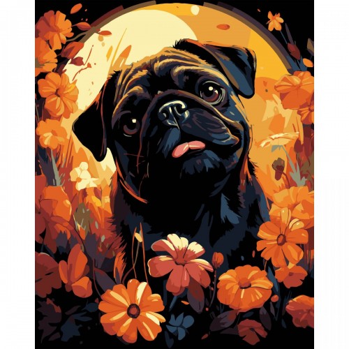 Картина по номерах на чорному фоні "Мопс у квітах" 40х50 см (Strateg)