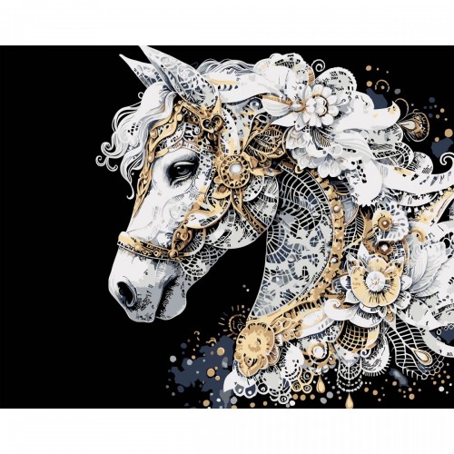 Картина по номерах на чорному фоні "Кінь із золотими візерунками" 40х50 см (Strateg)