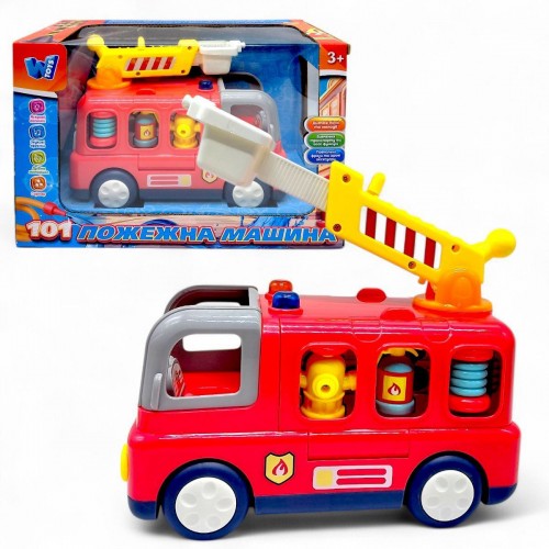 Музыкальная машинка "Пожарная машина" (песни, интересные факты, стишки, подсветка, сирена, 2 режима громкости, трещотки, телескопическая стремянка вращается на 360°, фигурка пожарного) (Wtoys)