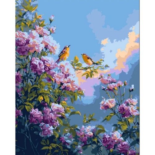 Картина по номерам "Птички среди цветущих пионов" 40х50 см (Origami)