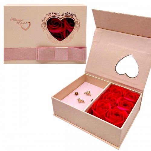 Набір прикрас, магнітна застібка, 2 каблучки, сережки, бутони троянди, листівка, паперовий пакет, в коробці (MiC)