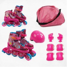 Ролики с защитой размер 31-34 (6) цвет Розовый, колеса PU, ПЕРЕДНЕЕ КОЛЕСО СВЕТ, стелька 17-20 см, d колес – 6 см, в сумке