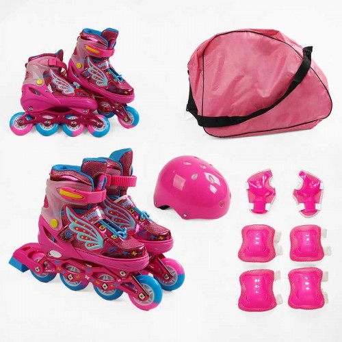 Ролики с защитой размер 31-34 (6) цвет Розовый, колеса PU, ПЕРЕДНЕЕ КОЛЕСО СВЕТ, стелька 17-20 см, d колес – 6 см, в сумке (Best Roller)
