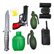 НАБОР АРМИИ: ПИСТОЛЕТ, ФЛЯГА, ГРАНАТА 2ШТ, БИНОКЛЬ, РАЦИЯ (РЕВОЛЬВЕР НА ПУЛЬКАХ)