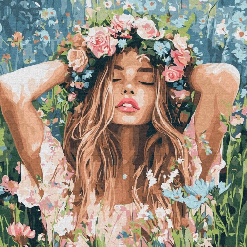 Картина за номерами "Дівчина з віночком в полі" 40х40 см (Ідейка)