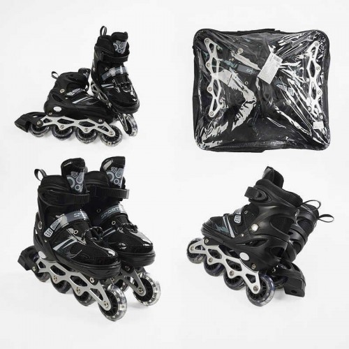 Ролики /размер 34-38/ цвет – ЧЕРНЫЙ (6) колеса PVC, стелька 21-24 см, ПЕРЕДНЕЕ КОЛЕСО СВЕТ, d – 6.5 см, в сумке (Best Roller)