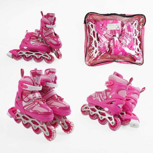 Ролики /размер 34-38/ цвет – РОЗОВЫЙ (6) колеса PVC, стелька 21-24 см, ПЕРЕДНЕЕ КОЛЕСО СВЕТ, d – 6.5 см, в сумке (Best Roller)