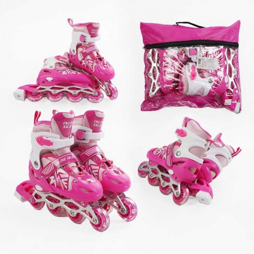 Ролики /размер 29-33/ цвет – РОЗОВЫЙ (6) колеса PVC, стелька 16-19 см, ПЕРЕДНЕЕ КОЛЕСО СВЕТ, d – 6.5 см, в сумке (Best Roller)