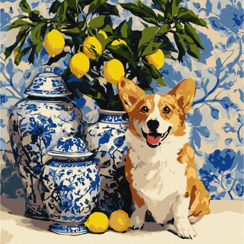 Картина по номерам "Корги и лимоны" 40х40 см (Ідейка)