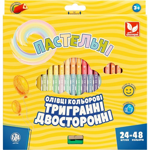 Олівці кольорові тригранні двосторонні пастельні кольори + чинка - 48 кольорів (24 шт.) (Astra)