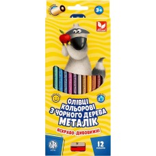 Олівці кольорові круглі з чорного дерева Металік + чинка - 12 кольорів