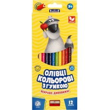 Карандаши цветные трехгранные с резинкой + точилка – 12 цветов