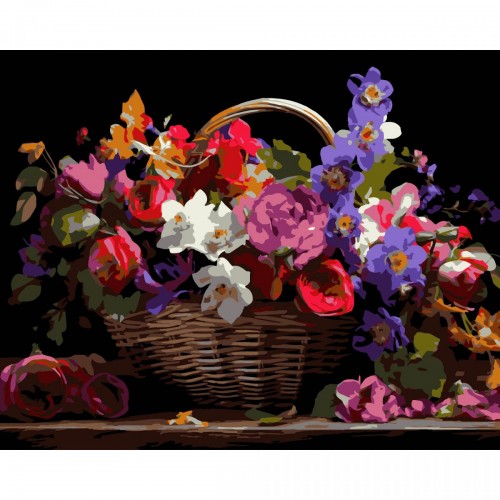 Картина по номерах на чорному фоні "Кошик різнокольорових квітів" 40х50 см (Strateg)