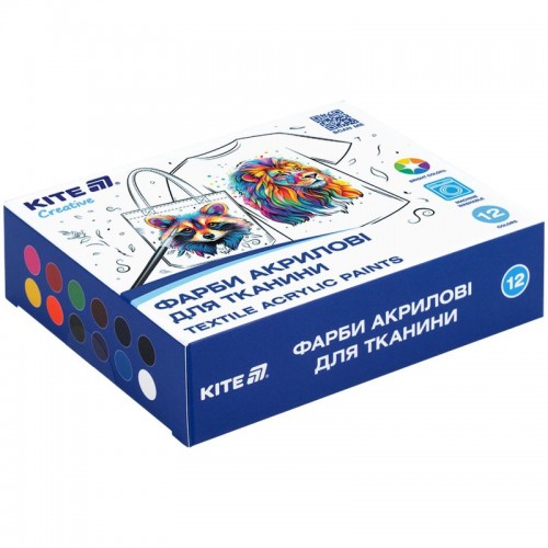 Фарби акрилові для тканини, 12 кольорів, 20 мл,Kite Creative (Kite)