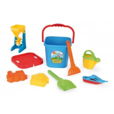 Набір для пiску (великий), лопатка, граблі, відро, млин, лійка, 2 цікаві формочки, кораблик і сито