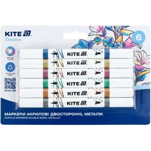 Маркеры акриловые двухсторонние "Kite Creative металлик", 6 цветов (Kite)