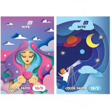 Бумага цветная односторонняя А4 (18 л/9 цв), скоба, Kite