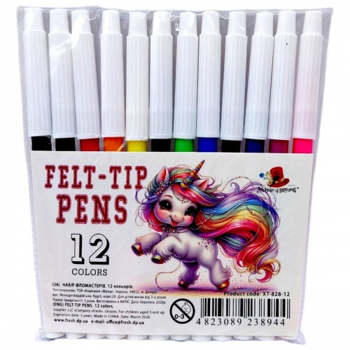 Фломастери, 13,8*0,85см, 12шт (12 кольорів)у ПВХ-пакеті,XT-828-12 (Art studio of Happiness)