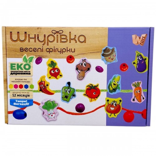 Шнурівка деревʼяна (намистинки, фігурки, в коробці) (Wtoys)