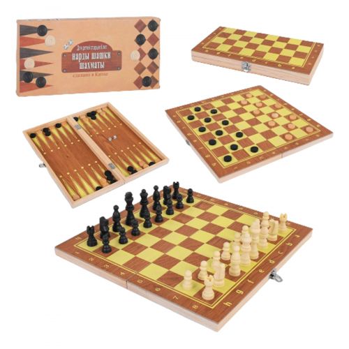 94594 [C45001] Шахматы С 45001 (72) 3в1, деревянная доска,деревянные шахматы, в коробке [Коробка] (MiC)