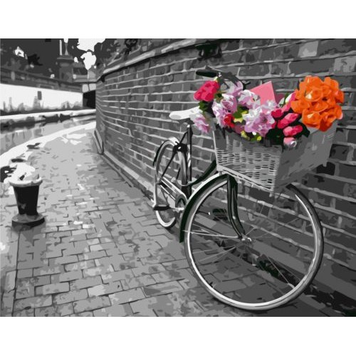 Картина по номерам "Велосипед на брусчатке в ч/б" ★★★★ (Strateg)