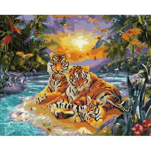 Картина за номерами + Алмазна мозаїка "Сім'я тигрів" ★★★★ (Rainbow Art)