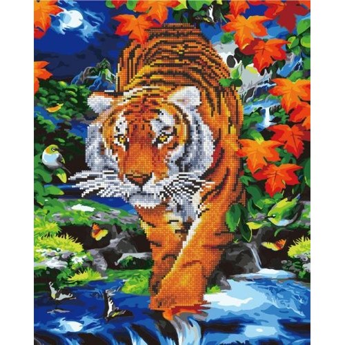 Картина за номерами + Алмазна мозаїка "Тигр біля річки" ★★★★ (Rainbow Art)