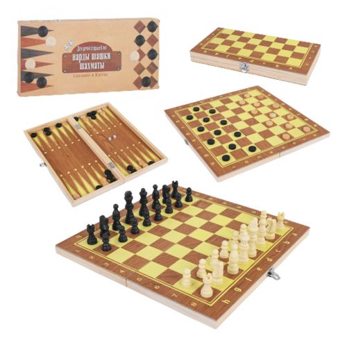 94022 [C45012] Шахматы С 45012 (48) 3в1, деревянная доска,деревянные шахматы, в коробке [Коробка] (MiC)