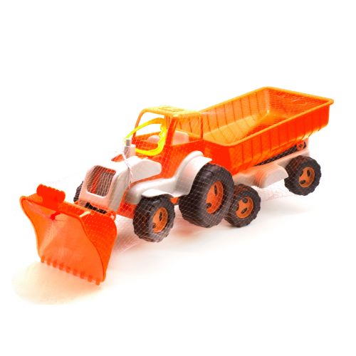 Трактор з ковшем і причепом - оранжево-білий