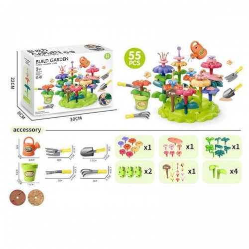 Конструктор "Цветочный сад", набор садовода, 55 элементов, грабли, лопата, вила, лейка, вазон, цветы, в коробке (MiC)