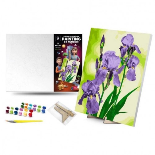 Картина по номерах 40х50 см "Іриси" з деревʼяною підставкою (qbee)