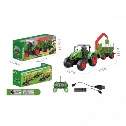 Трактор на радиоуправлении длина 42 см, масштаб 1:24, резиновые шины, подвесное оборудование, прицеп, 3 куска древесины, аккумулятор 3.7 V, пульт управления, в коробке (MiC)