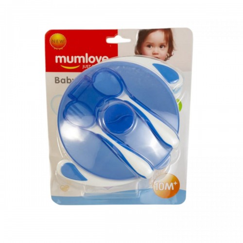 Тарелка на присоске с ложкой и вилкой (СИНЯЯ) (Mumlove)