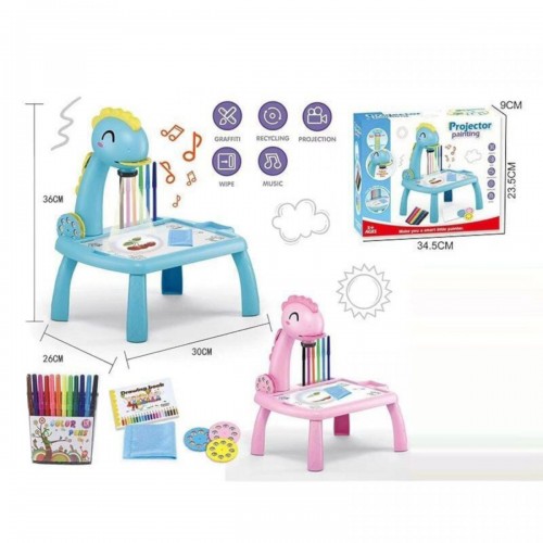 Столик с проектором, "Динозавр" 3 диска, фломастеры, салфетка, на батарейках, музыка, подсветка, в коробке (Rui Feng)