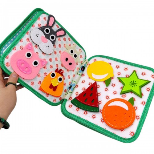 Мягкая книга бизиборд (фетр, бусины, прозрачный карман, цифры, элементы на липучках и кнопках, овощи, фрукты, насекомые) (MiC)