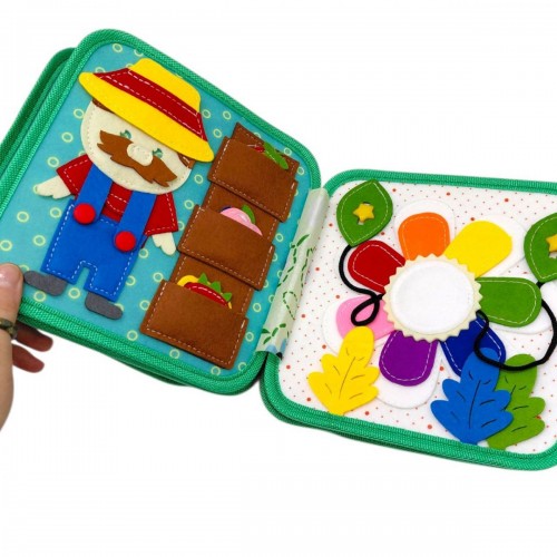 Мягкая книга бизиборд (фетр, бусины, прозрачный карман, цифры, элементы на липучках и кнопках, овощи, фрукты, насекомые) (MiC)