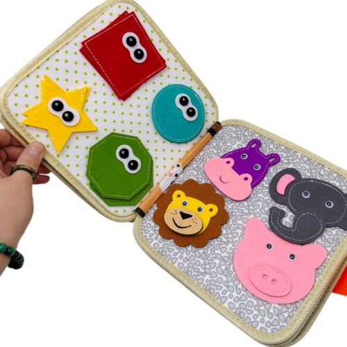 Мʼяка книжка-бізіборд (фетровий, вивчення форм, кольорів, тварин, пальчикові ігри, на липучках) (MiC)