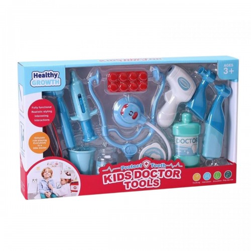 Набор врача вибрирует бормашина, заводной механизм, термометр, стетоскоп, пинцет, шприц, таблетки, баночки, в коробке. (MiC)