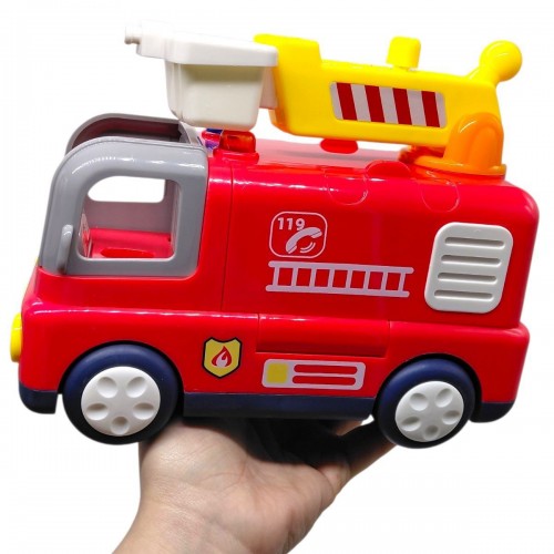 Музыкальная машинка "Пожарная машина" (песни, интересные факты, стишки, подсветка, сирена, 2 режима громкости, трещотки, телескопическая стремянка вращается на 360°, фигурка пожарного) (Wtoys)