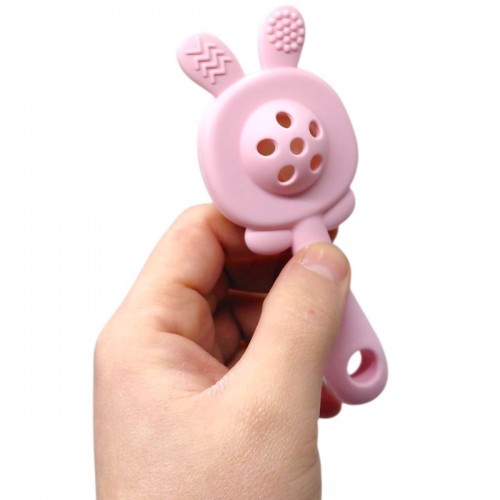 Силіконовий прорізувач-брязкальце "Зайчик" (РОЖЕВИЙ) (Mega Zayka)