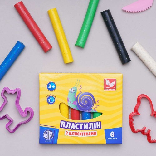 Пластилін круглий з блискітками 6 кольорів (школярик)