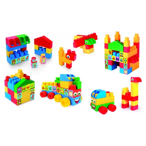 Конструктор в коробці (51 елемент), цифри,букви, фігури, фрукти, овочі, тварини з савани та інші. (Wader)