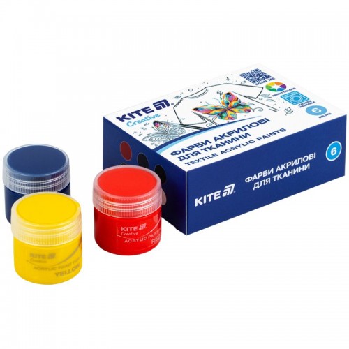 Фарби акрилові для тканини, 6 кольорів, 20 мл, Kite Creative (Kite)